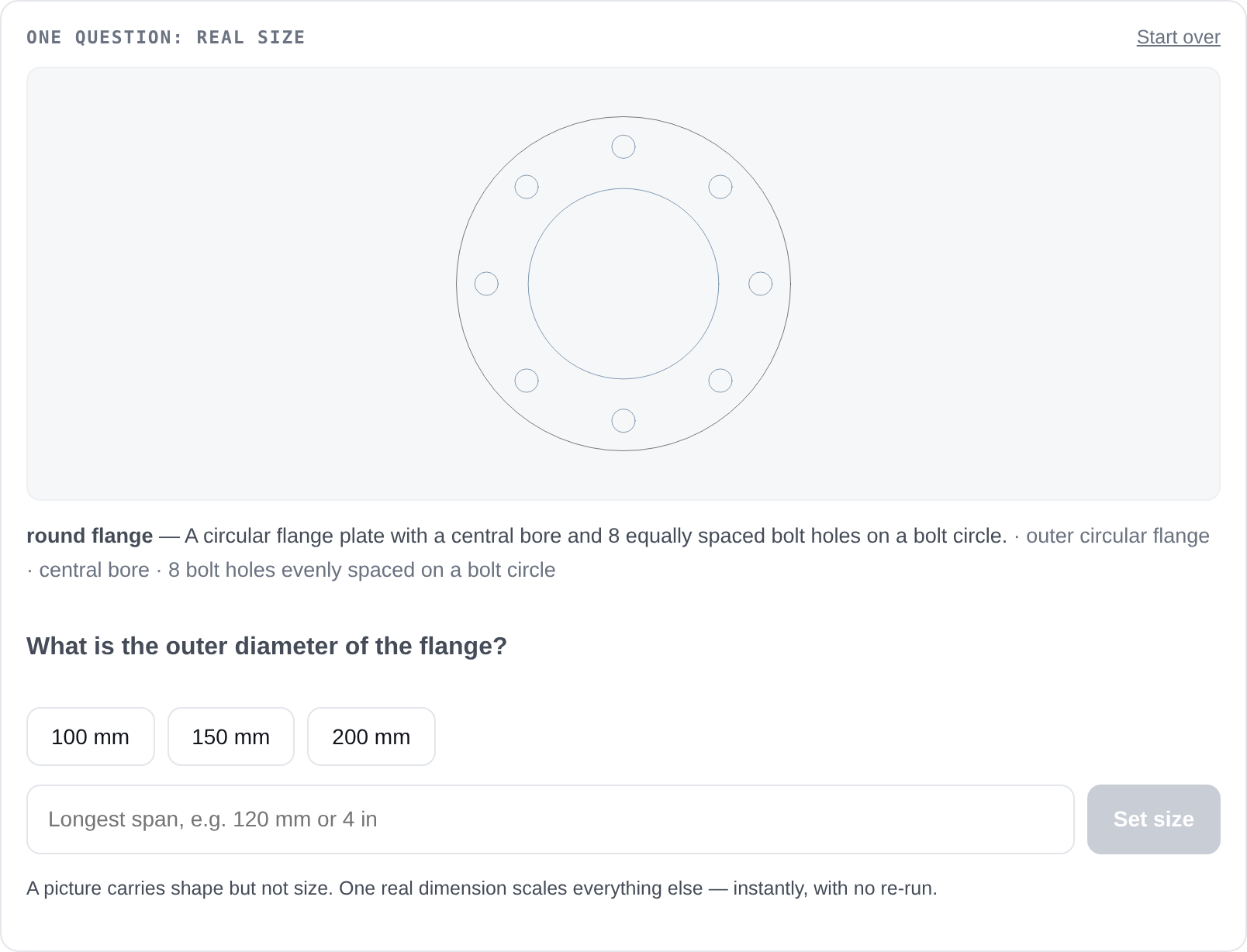 After recognizing a gasket image the tool shows the recognized geometry and asks one question about real size